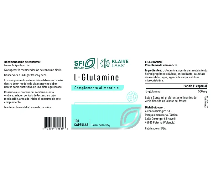 Comprar GLUTAMINA 500 MG 100 CAP SFI HEALTH KLAIRE LABS