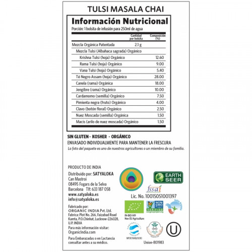 TULSI MASALA CHAI (ESTRES/REJUVENECE) 18 SOBRES ORGANIC INDIA SATYALOKA