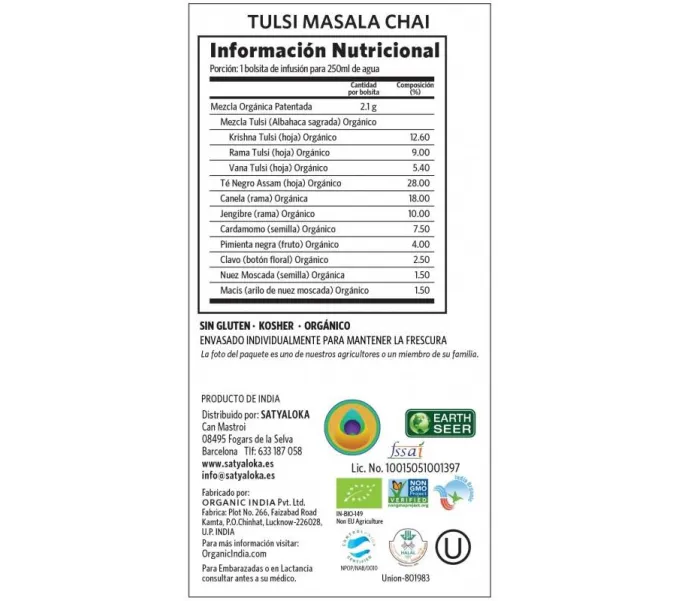 TULSI MASALA CHAI (ESTRES/REJUVENECE) 18 SOBRES ORGANIC INDIA SATYALOKA