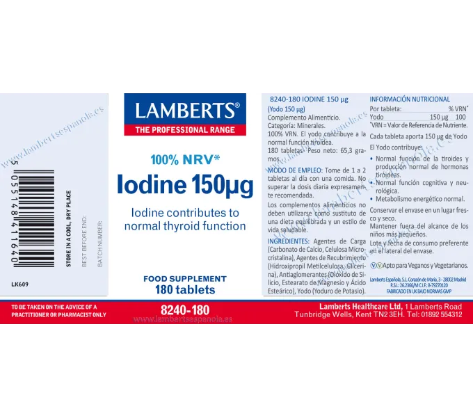 Comprar online IODINE 150 MCG 180 COMP LAMBERTS - Farmacia Coliseum